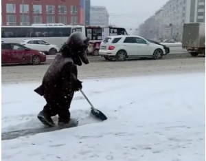 Человек в костюме медведя чистит снег на площади Ленина в Новосибирске