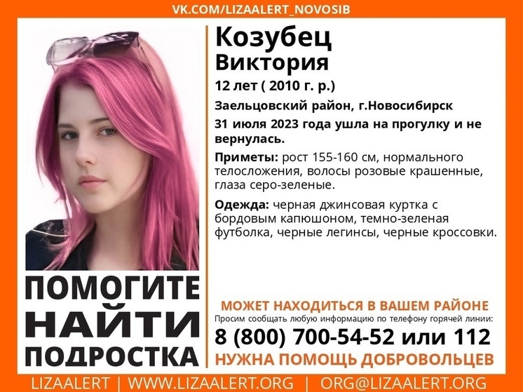 В Новосибирске полиция ищет пропавшую 12-летнюю девочку с розовыми волосами