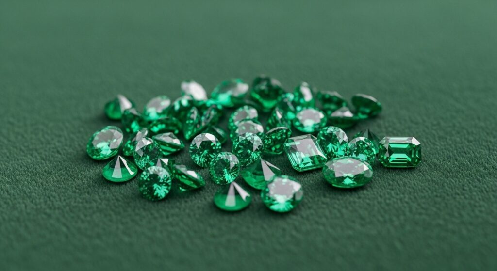 Россыпь ограненных изумрудов разной формы