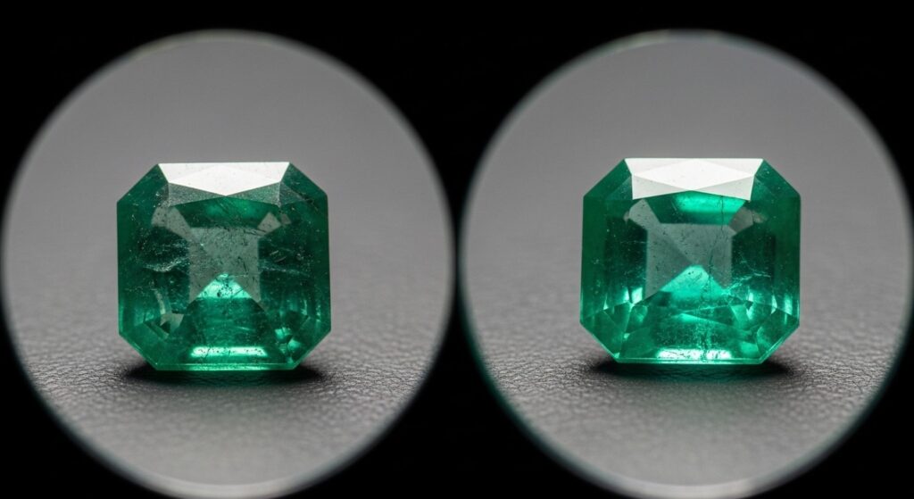 Два изумруда под увеличительным стеклом